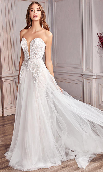 Cinderella Divine Bridals - CD936W Appliqued A-Line Bridal Gown In White and Ivory