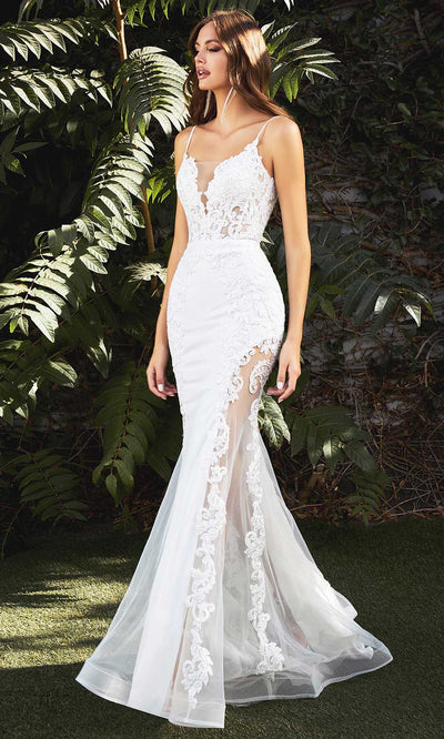 Cinderella Divine Bridals - CD937W Lace Applique Mermaid Bridal Gown In White and Ivory