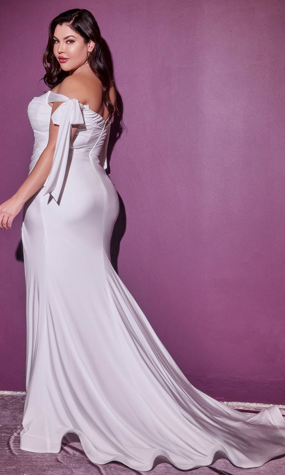 Ladivine Bridals - CD944WC Off Shoulder Ruched Gown With Slit In White