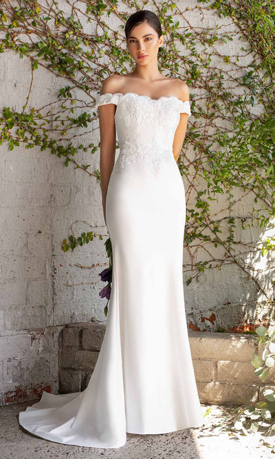 Cinderella Divine Bridals - CH238W Off Shoulder Scallop Long Gown In White