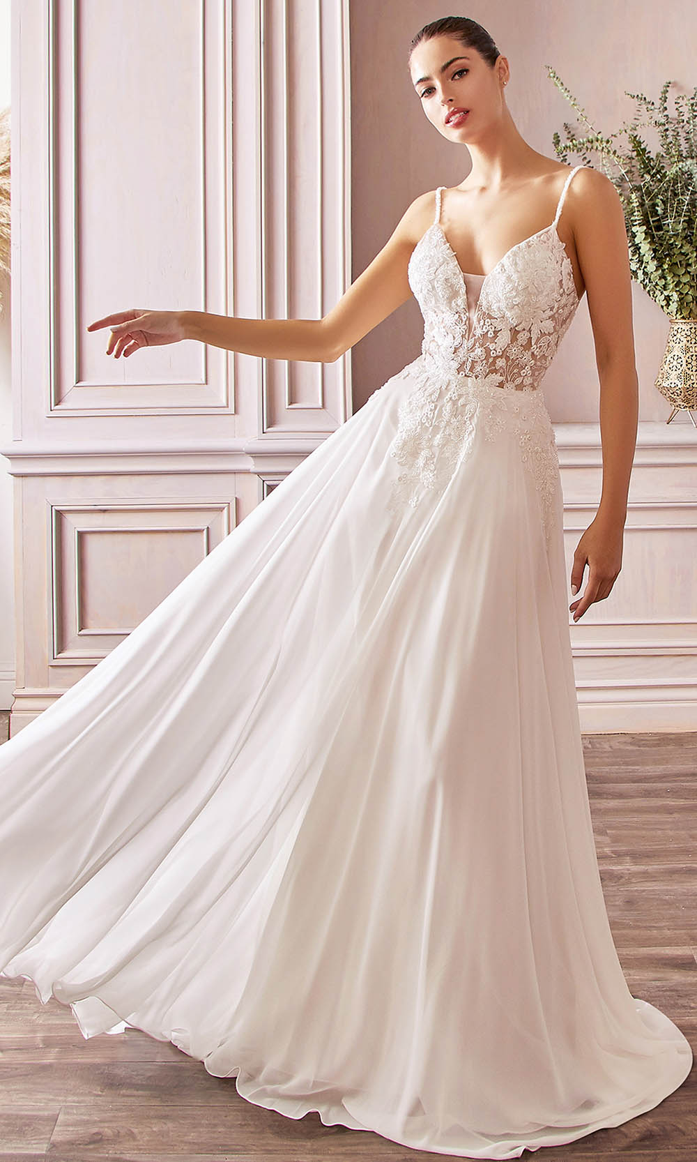 Cinderella Divine Bridals - TY11 Floral Illusion Flowy Bridal Dress In White