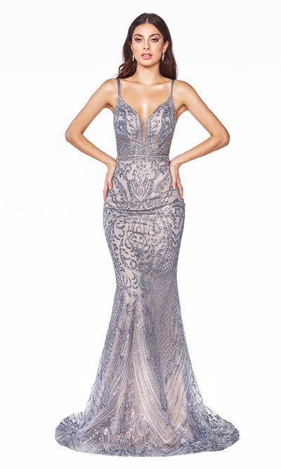 Cinderella Divine C24 long dusty blue sequin glitter v neck dress w/straps. Sleek & sexy dress is perfect for black tie event, prom, indowestern gown, wedding reception/engagement dress, formal wedding guest dress. Plus sizes avail.jpg