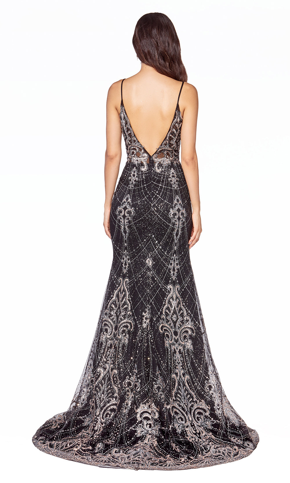 Cinderella Divine C27 long black sequin lace dress with straps & low back-back of dres.jpg