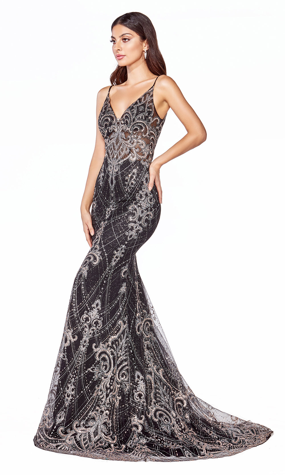 Cinderella Divine C27 long black sequin lace dress with straps & low back-side shot of dress.jpg