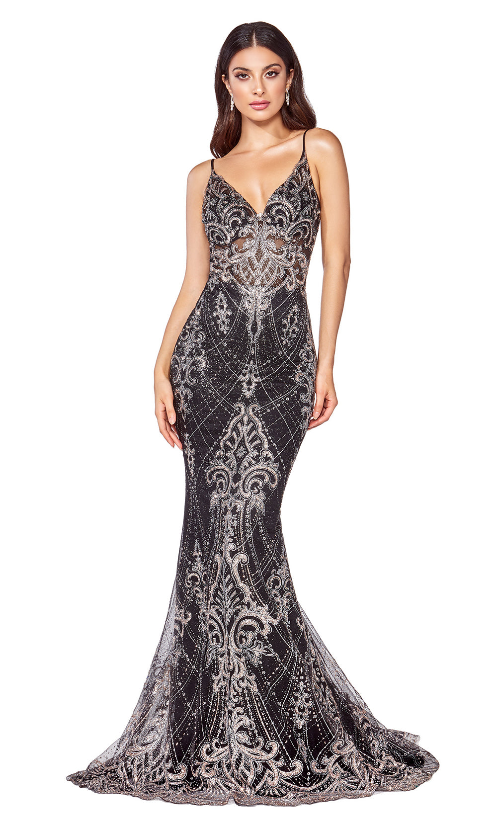 Cinderella Divine C27 long black sequin lace dress with straps & low back.jpg