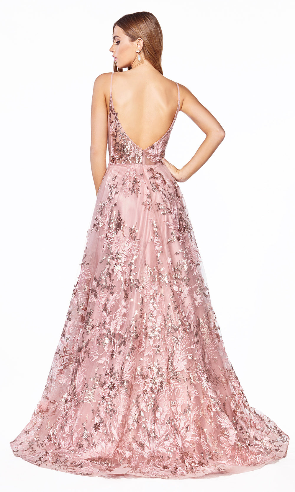 Cinderella Divine CB048 long rose gold flowy v neck glittery dress w/ tulle skirt & straps. Rose gold dress is perfect for black tie event, prom, indowestern gown, wedding reception/engagement dress, formal wedding guest dress. Plus sizes avail-back