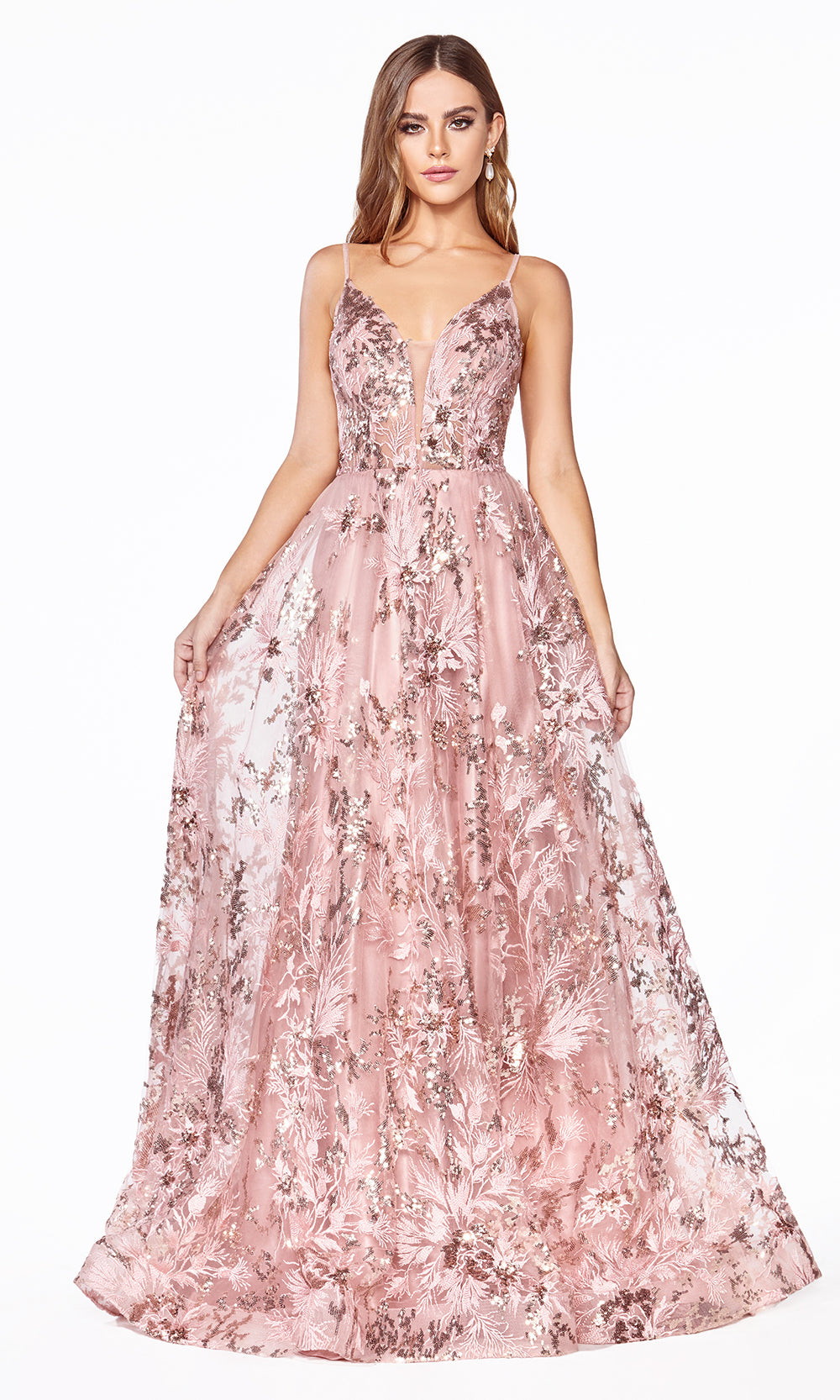 Cinderella Divine CB048 long rose gold flowy v neck glittery dress w/ tulle skirt & straps. Rose gold dress is perfect for black tie event, prom, indowestern gown, wedding reception/engagement dress, formal wedding guest dress. Plus sizes avail