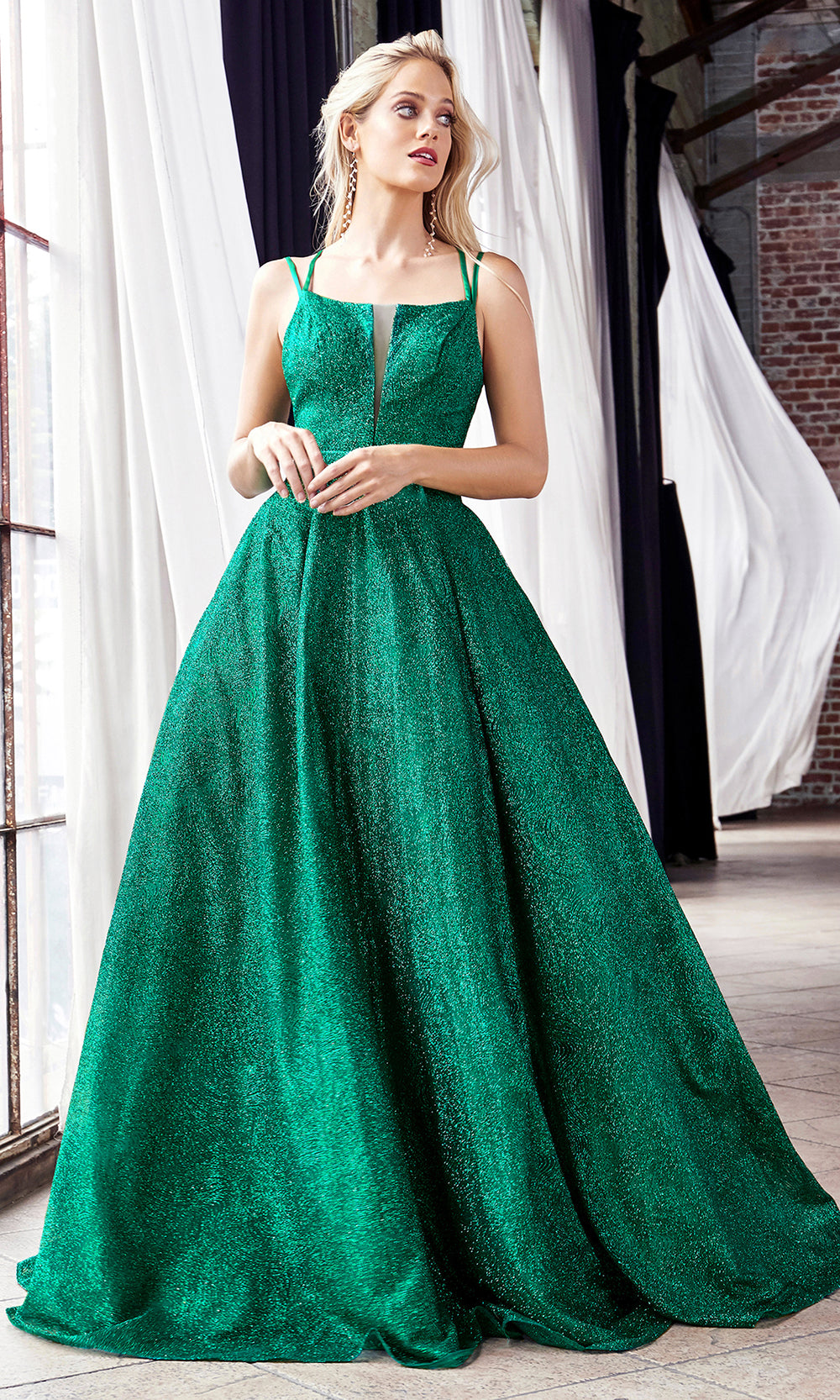 Cinderella Divine CB051 long emerald green metallic beaded dress with straps. Perfect dark green evening dress for prom, quinceanera dress, indowestern gown, prom, engagement/wedding reception, debut, sweet 16. Sweet 15.Plus sizes available.jpg