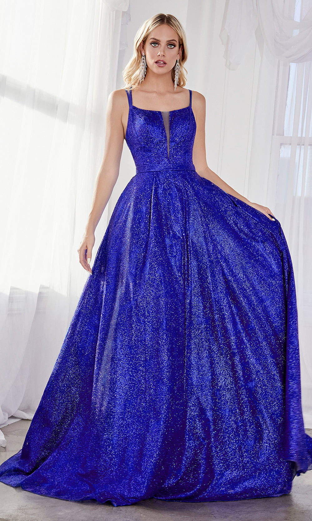 Cinderella Divine CB051 long royal blue metallic beaded dress with straps. Perfect royal blue evening dress for prom, quinceanera dress, indowestern gown, prom, engagement/wedding reception, debut, sweet 16. Sweet 15.Plus sizes available.jpg