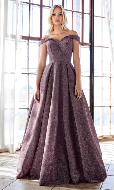 Cinderella Divine CB056 long deep mauve metallic beaded off shoulder semi ballgown. Perfect purple evening dress for prom, formal wedding guest dress, indowestern gown, prom, engagement/wedding reception, debut, sweet 16. Plus sizes available.jpg