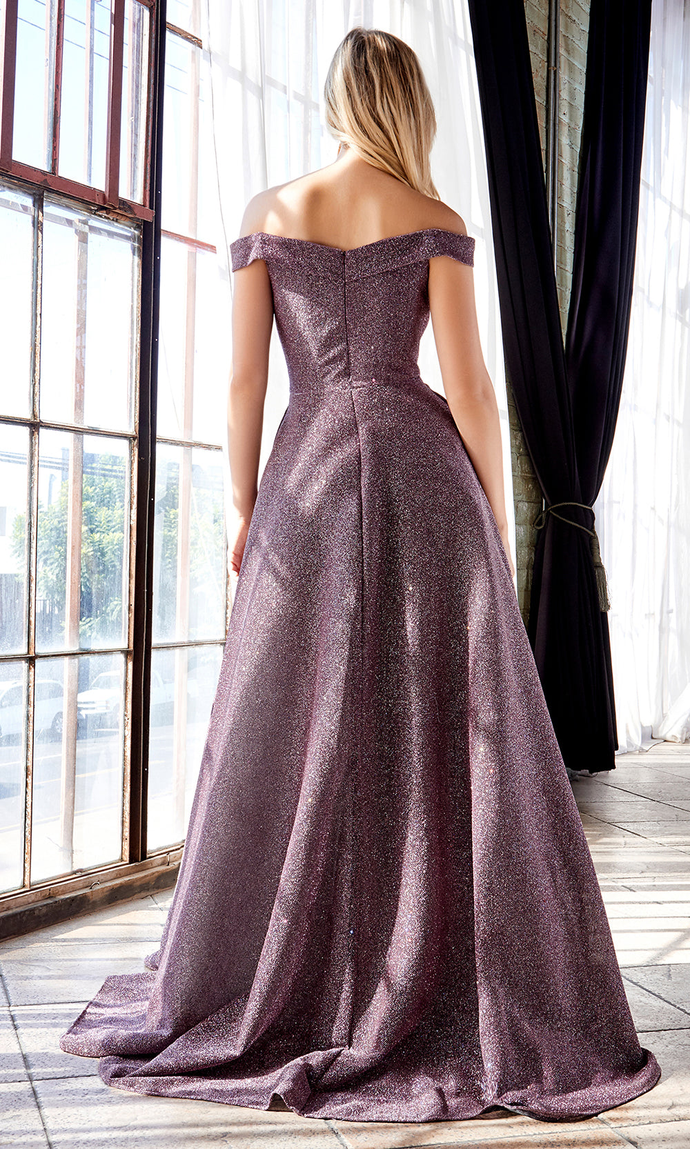 Cinderella Divine CB056 long deep mauve metallic beaded off shoulder semi ballgown. Perfect purple evening dress for prom, formal wedding guest dress, indowestern gown, prom, engagement/wedding reception, debut, sweet 16. Plus sizes available-b.jpg