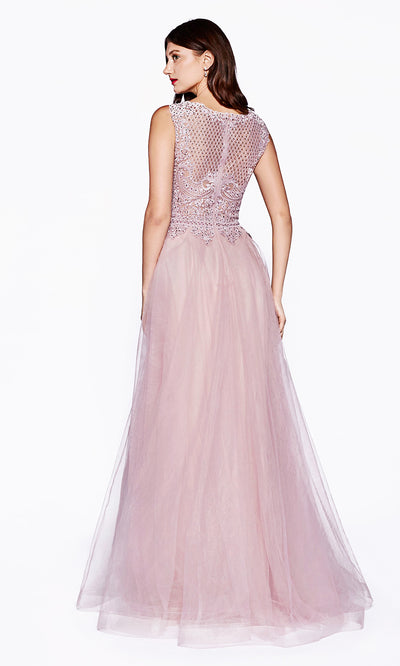 Cinderella Divine CD0144 mauve high neck flowy dress with beaded lace top. Perfect for prom, bridesmaids, formal wedding guest dress, & mother of bride/groom. Plus sizes avail-b.jpg