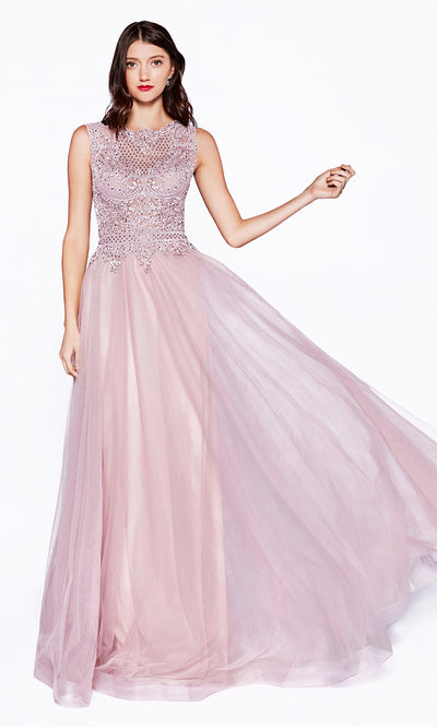 Cinderella Divine CD0144 mauve high neck flowy dress with beaded lace top. Perfect for prom, bridesmaids, formal wedding guest dress, & mother of bride/groom. Plus sizes avail.