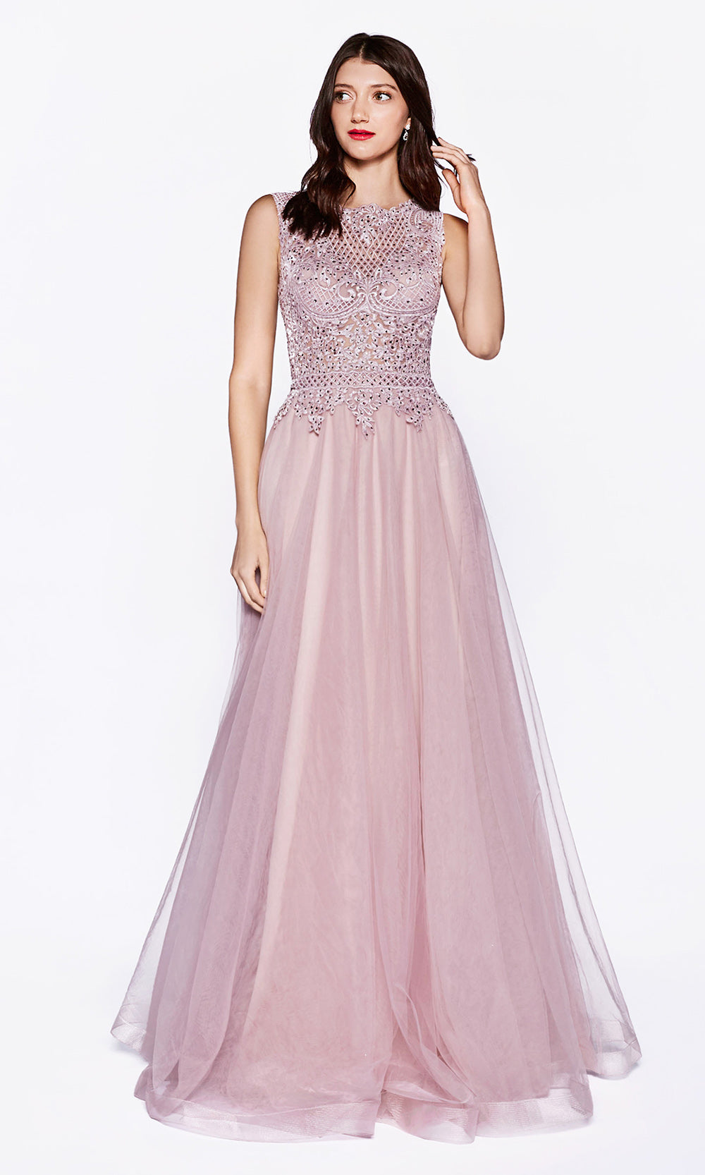 Cinderella Divine CD0144 mauve pink high neck flowy dress with beaded lace top. Perfect Dusty rose dress for prom, bridesmaids, formal wedding guest dress, & mother of bride/groom. Plus sizes avail.jpg