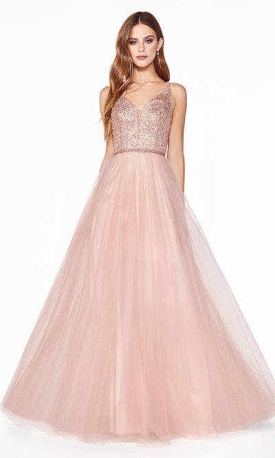 Cinderella Divine CD0150 blush pink v neck sequin beaded dress w/low back & wide straps. Perfect light pink dress for prom, wedding reception or engagement dress, indowestern gown, sweet 16, debut, quinceanera, formal party dress. Plus sizes avail