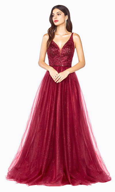 Cinderella Divine CD0150 burgundy red v neck sequin beaded dress w/low back & wide straps. Perfect dark red dress for prom, wedding reception or engagement dress, indowestern gown, sweet 16, debut, quinceanera, formal party dress. Plus sizes avail