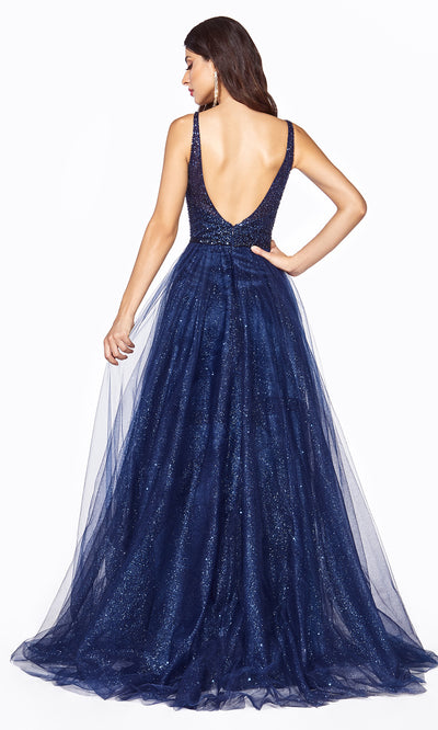 Cinderella Divine CD0150 navy blue v neck sequin beaded dress w/low back & wide straps. Perfect dark blue dress for prom, wedding reception or engagement dress, indowestern gown, sweet 16, debut, quinceanera, formal party dress. Plus sizes avail-b