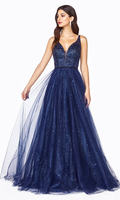 Cinderella Divine CD0150 navy blue v neck sequin beaded dress w/low back & wide straps. Perfect dark blue dress for prom, wedding reception or engagement dress, indowestern gown, sweet 16, debut, quinceanera, formal party dress. Plus sizes avail