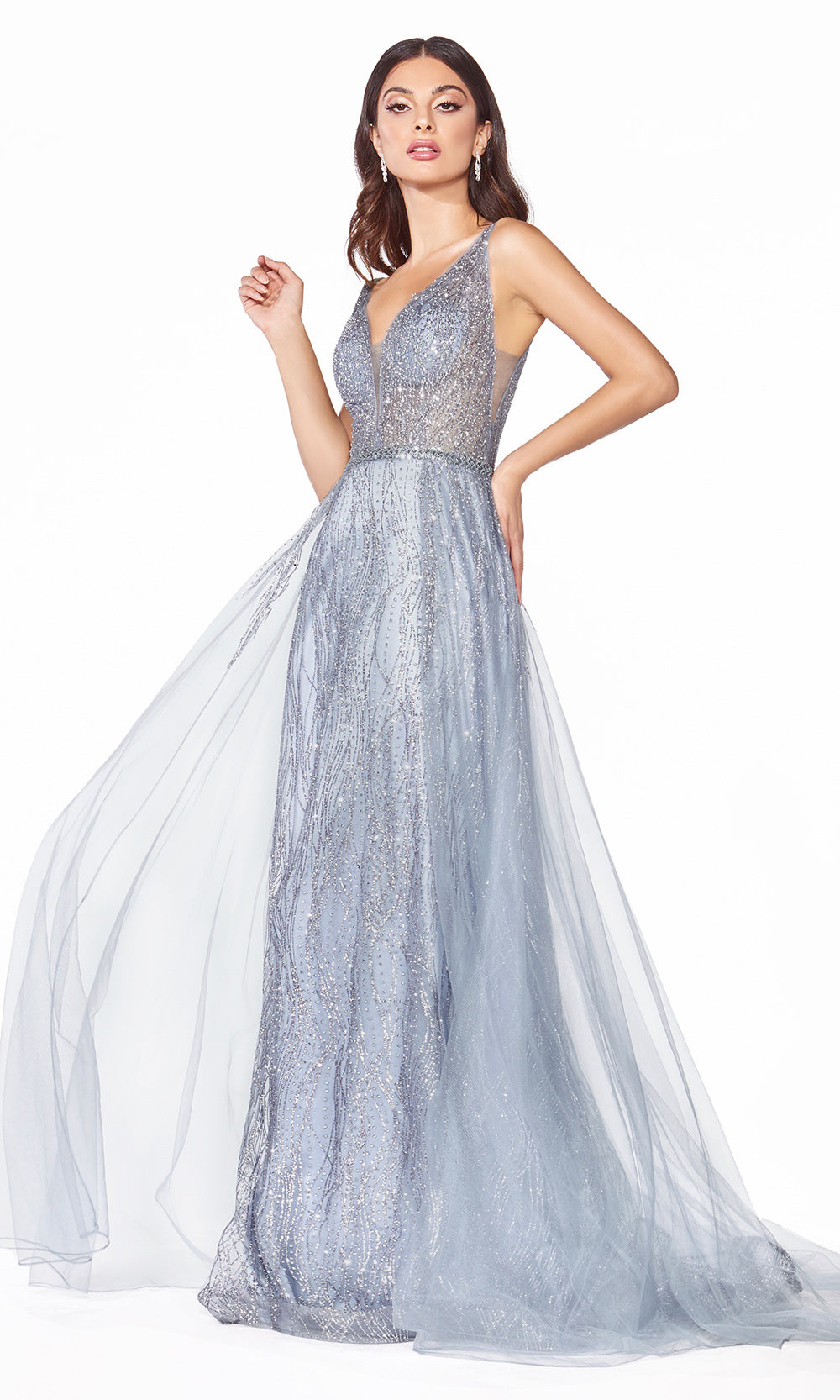 Cinderella Divine CD0152 dusty blue v neck dress wide straps skirt overlay Perfect dark blue dress for prom bridesmaids formal wedding guest dress gala black tie event wedding engagement reception beaded indowestern gown.Plus sizes avail.jpg