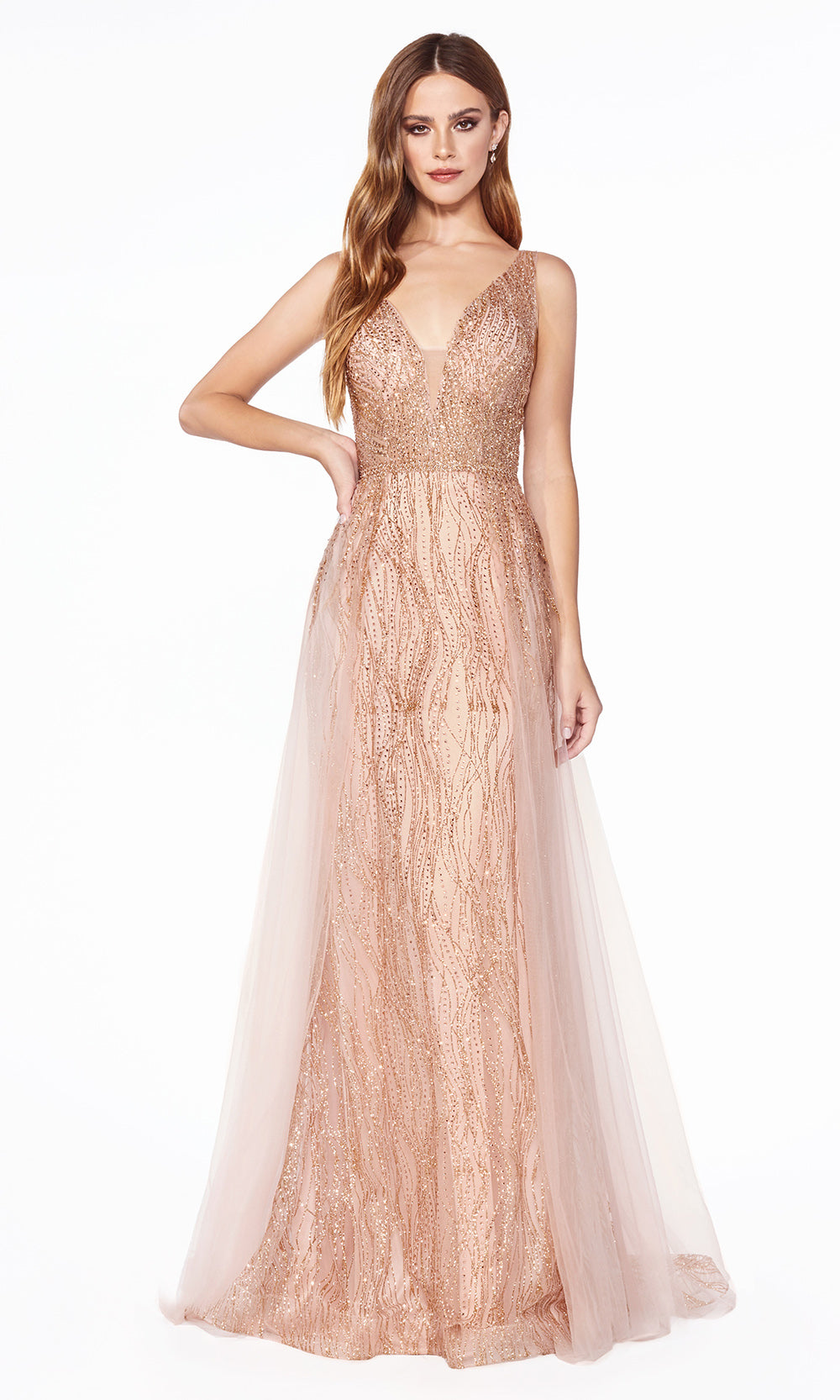 Ladivine CD0152 rose gold v neck dress wide straps skirt overlay Perfect rose gold dress for prom bridesmaids formal wedding guest dress gala black tie event wedding engagement reception beaded indowestern gown Plus sizes avail.jpg