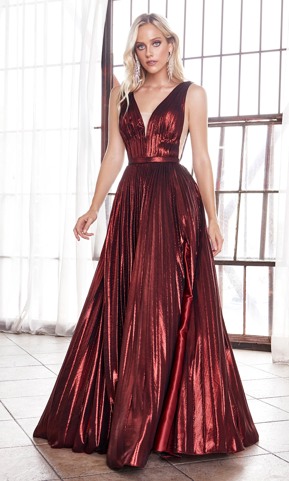 Cinderella Divine CD160 burgundy red v neck simple dress w/empire waist & wide straps. Perfect dark red dress for prom, bridesmaid dress, formal party dress. Plus sizes avail.jpg