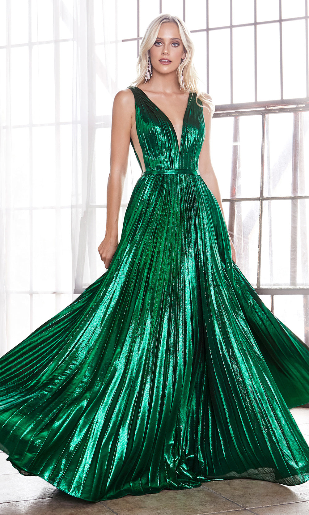 Cinderella Divine CD160 emerald green v neck simple dress w/empire waist & wide straps. Perfect dark green dress for prom, bridesmaid dress, formal party dress. Plus sizes avail.jpg