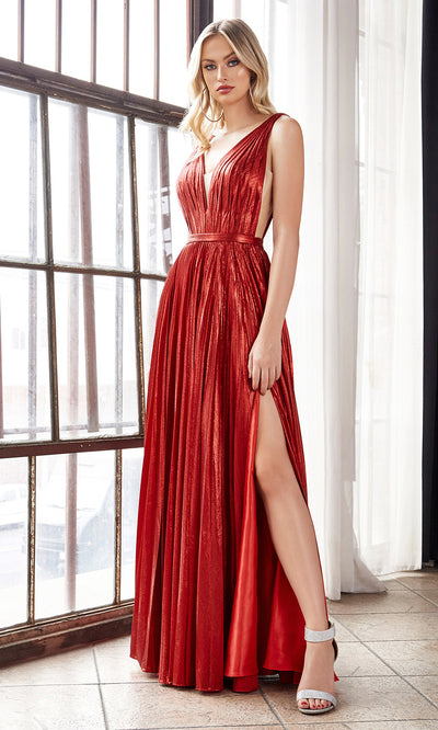 Cinderella Divine CD160 red v neck simple dress w/empire waist & wide straps. Perfect red dress for prom, bridesmaid dress, formal party dress. Plus sizes avail.jpg