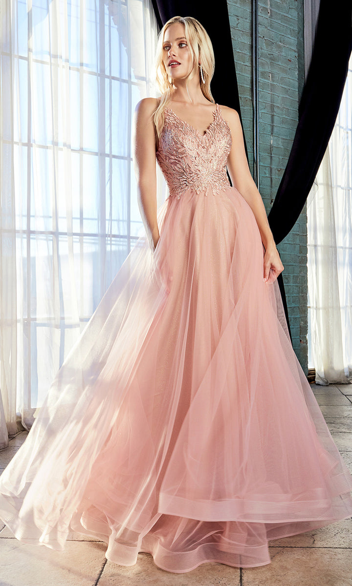 Long Blush Pink Lace Prom Dress with Tulle Skirt