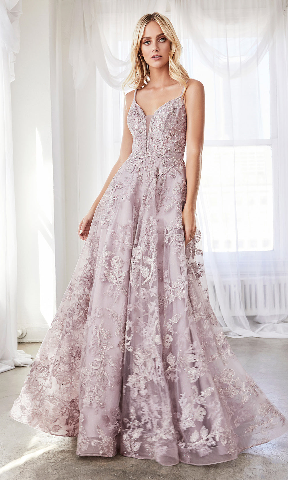 Cinderella Divine CD902 mauve v neck lace flowy dress w/straps. Perfect mauve tulle lace dress for prom, wedding reception or engagement dress, indowestern gown, sweet 16, debut, quinceanera, formal party dress. Plus sizes avail.jpg
