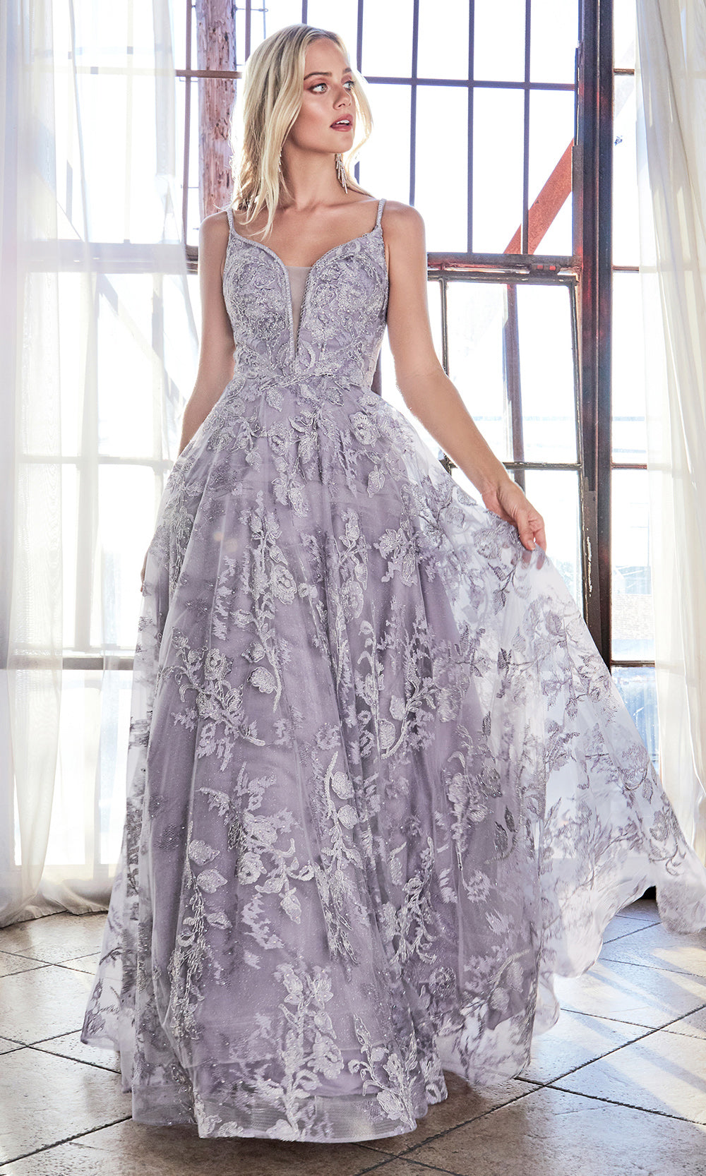 Cinderella Divine CD902 violet v neck lace flowy dress w/straps. Perfect lilac tulle lace dress for prom, wedding reception or engagement dress, indowestern gown, sweet 16, debut, quinceanera, formal party dress. Plus sizes avail.jpg