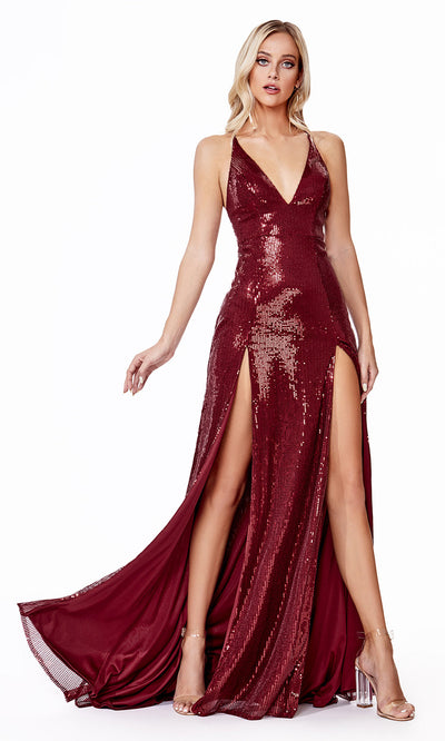 Ladivine CD915 burgundy red v neck sequin beaded dress w/ 2 slits. Perfect sexy dark red dress for prom, wedding guest dress, formal party dress. Plus sizes avail.jpg