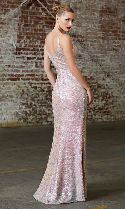 Cinderella Divine CH222 long sequin champagne fitted evening dress with high slit & open back-back of dress is shown.jpg
