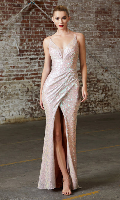 Cinderella Divine CH222 long sequin champagne fitted evening dress with high slit & open back.jpg