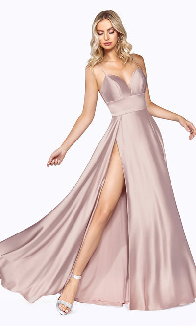 Ladivine CJ523 long blush pink or light pink satin dress with v neck, straps, & high slit. Plus sizes available.jpg