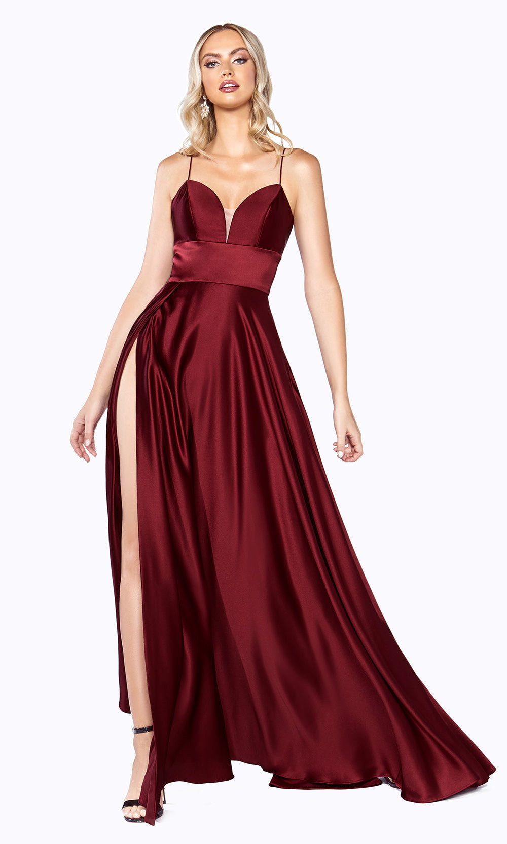 Ladivine CJ523 long burgundy red or maroon or dark red satin dress with v neck, straps, & high slit. Plus sizes available..jpg
