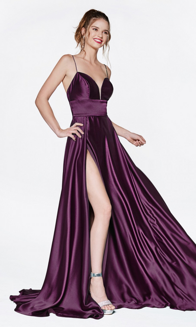 Ladivine CJ523 long eggplatn or dark purple satin dress with v neck, straps, & high slit. Plus sizes available.jpg