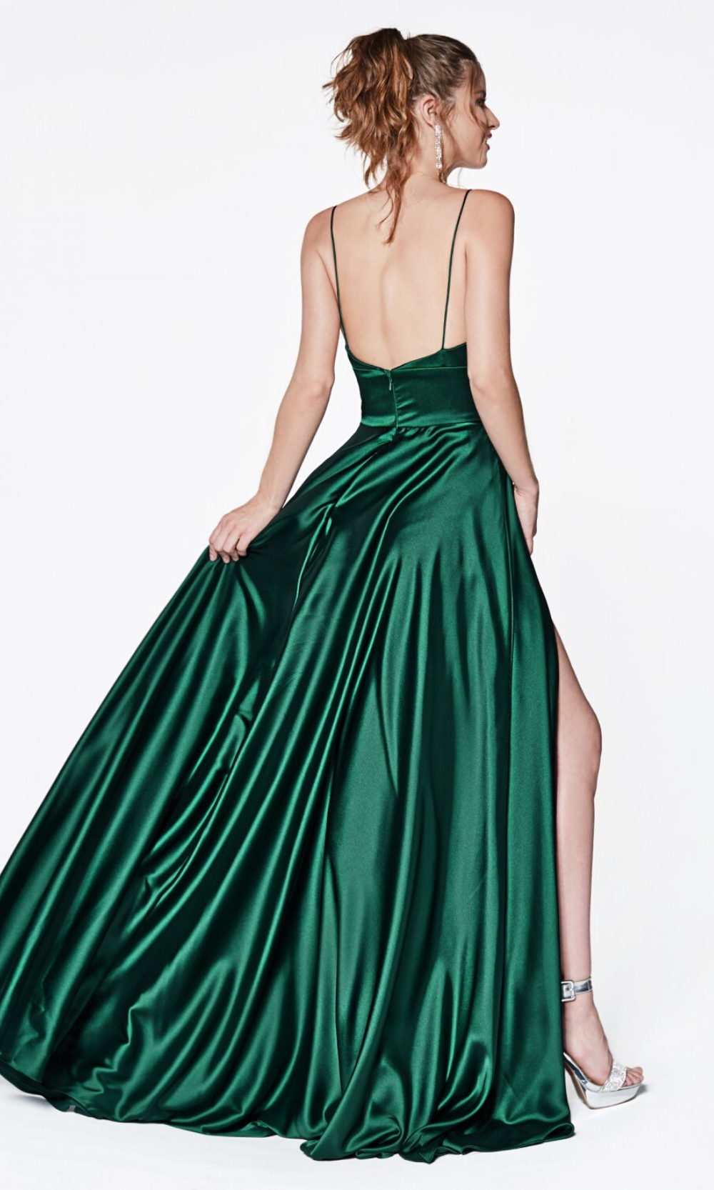 Cinderella Divine CJ523 long emerald green or dark green satin dress with v neck, straps, & high slit. Plus sizes available-b.jpg