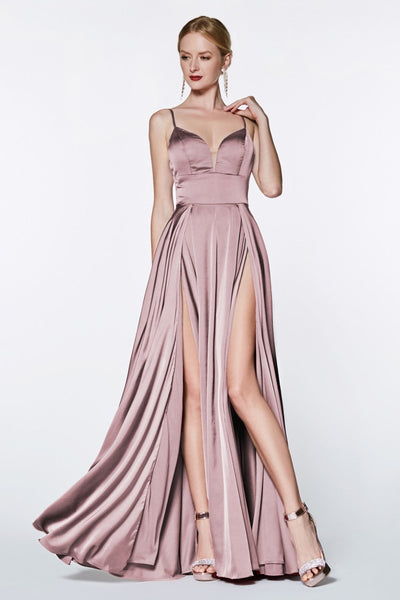 Ladivine CJ526 long mauve pink dress with straps and 2 high slits. This simple & sexy dusty rose or light pink party dress is perfect for bridesmaids, prom, wedding guest dress, mauve pink gala dress, fall wedding. Plus sizes available