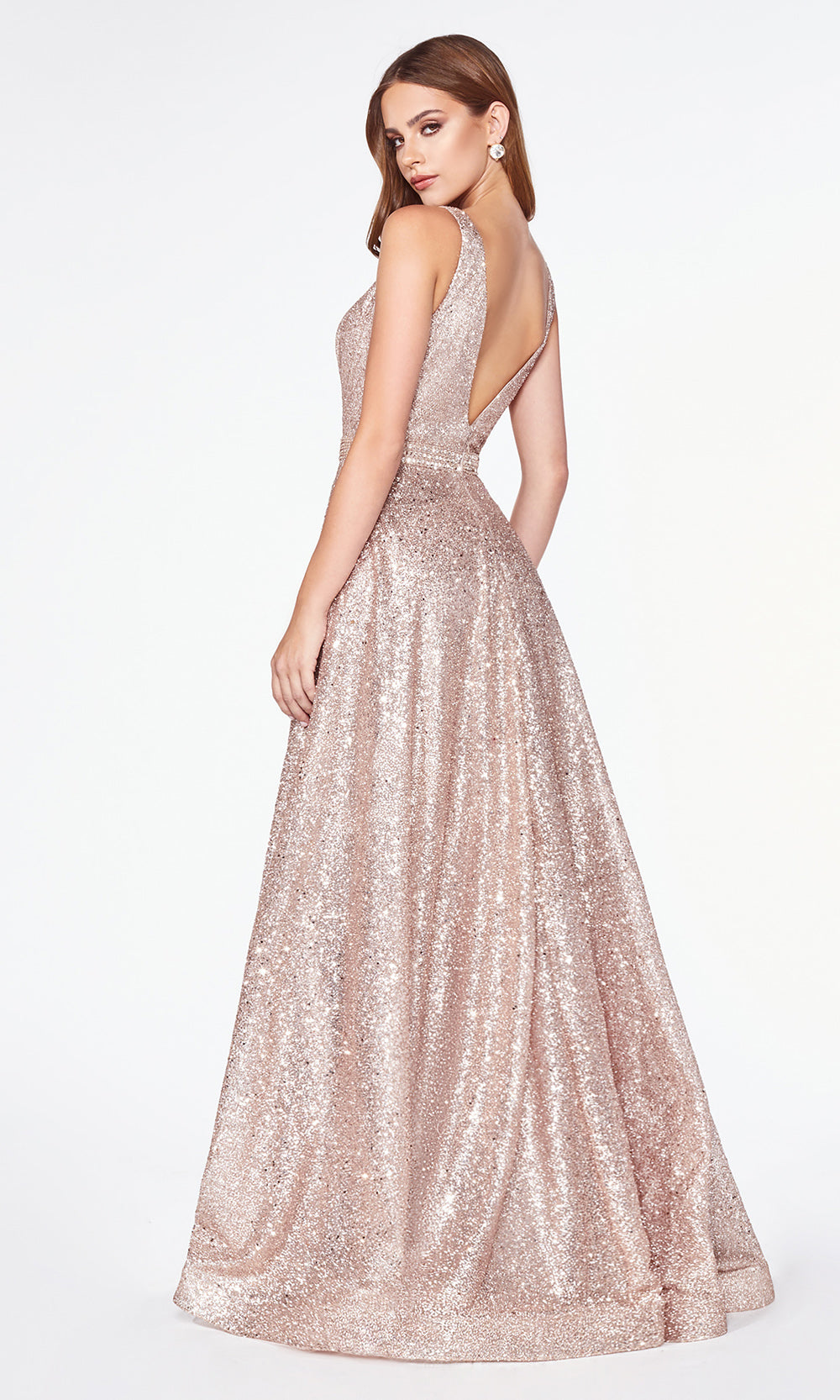 Cinderella Divine CJ533 long flowy v neck sequin beaded rose gold dress with wide straps and flowy skirt Close up of front of dress-back