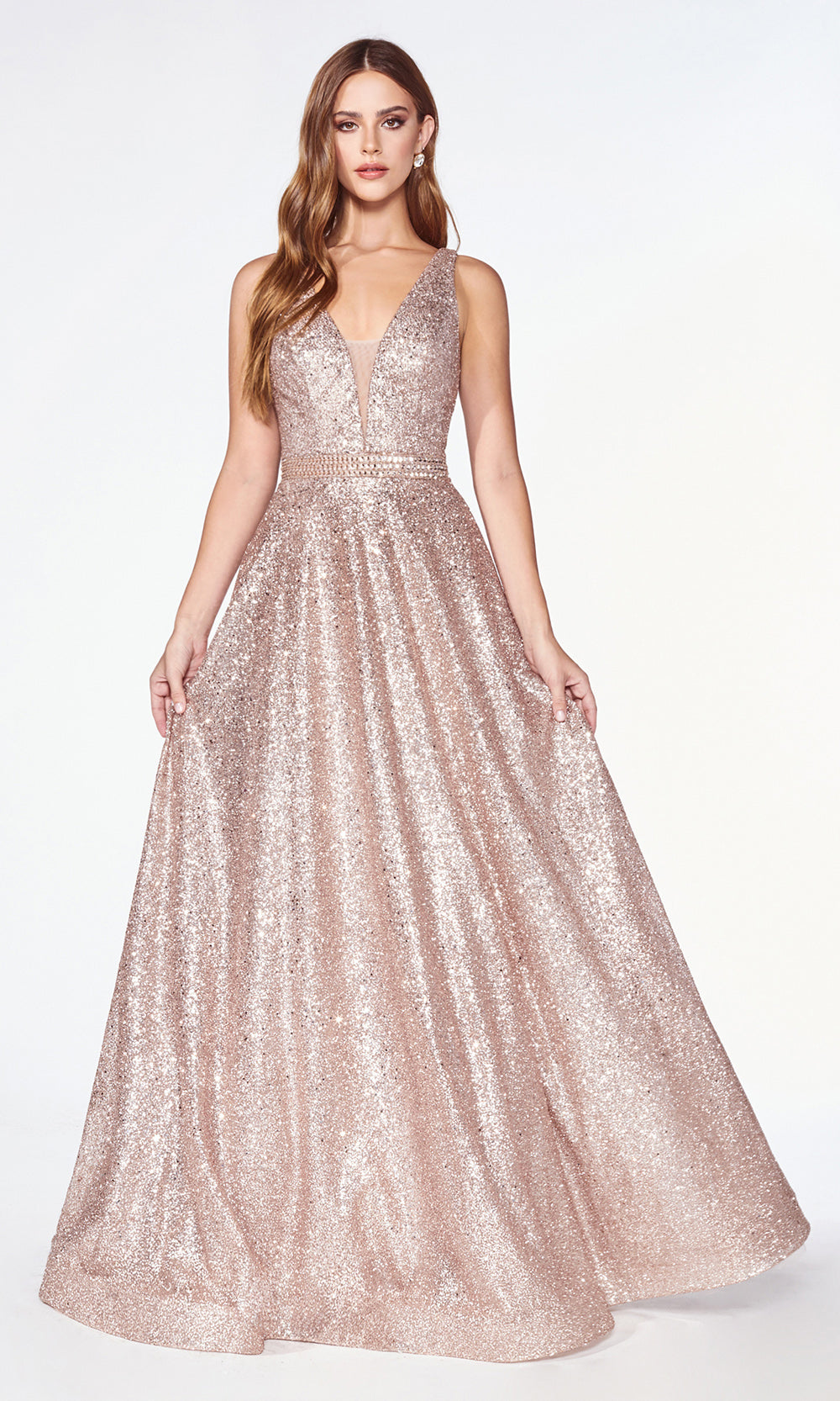 Cinderella Divine CJ533 long flowy v neck sequin beaded rose gold dress with wide straps and flowy skirt Close up of front of dress