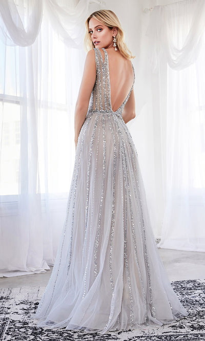 Cinderella Divine CK935 long blue sequing beaded flowy dress with wide straps and v neckline. Back of dress  is showing
