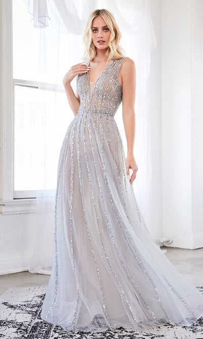 Cinderella Divine CK935 long blue sequing beaded flowy dress with wide straps and v neckline