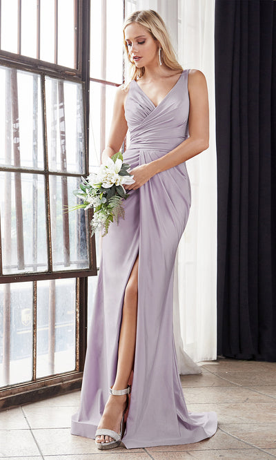 Cinderella Divine C81730 long purple sleek & sexy v neck simple dress w/high slit & straps. Fitted purple wedding dress is perfect for bridesmaid dresses, prom, indowestern gown, wedding reception engagement dress, formal wedding guest dress.Plus sizes available