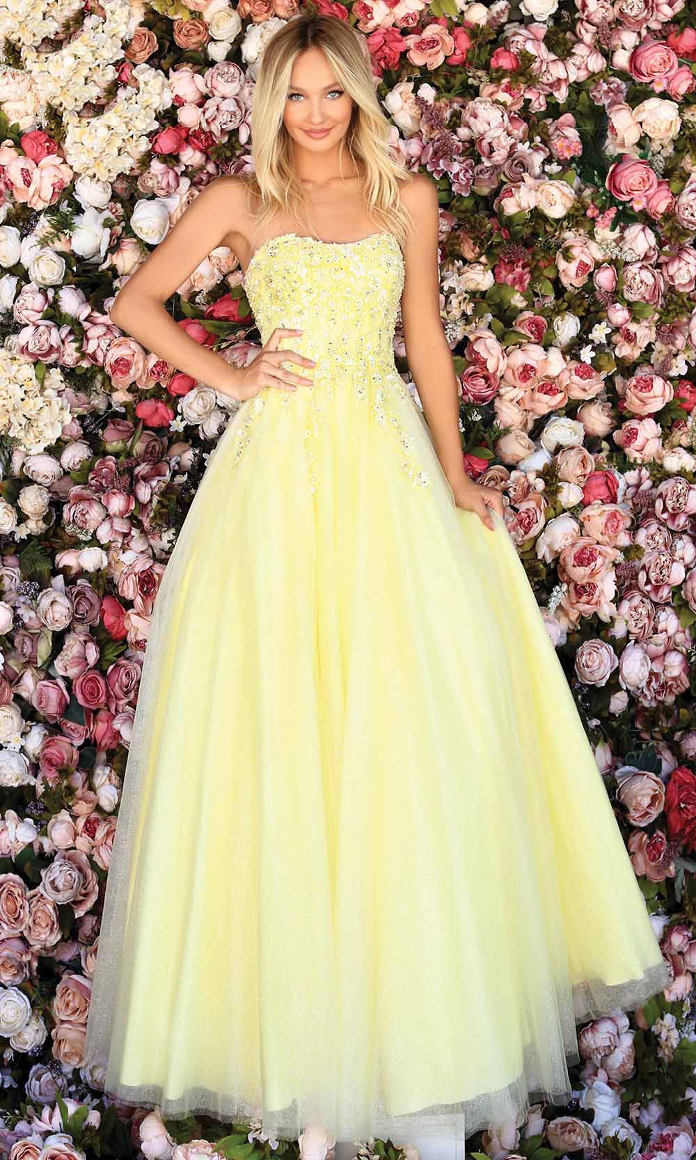 Clarisse - 800323 Strapless Floral Applique Tulle A-Line Gown In Yellow