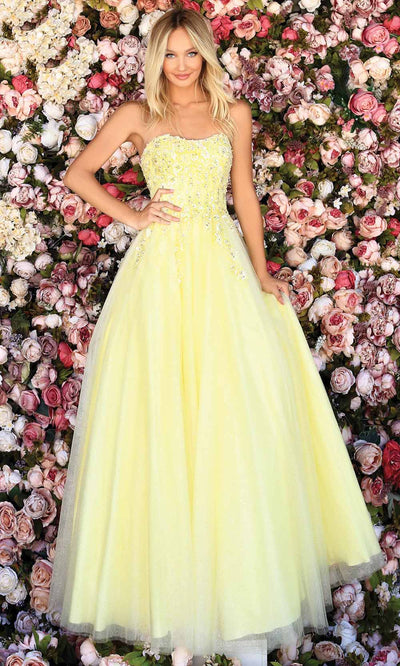 Clarisse - 800323 Strapless Floral Applique Tulle A-Line Gown In Yellow