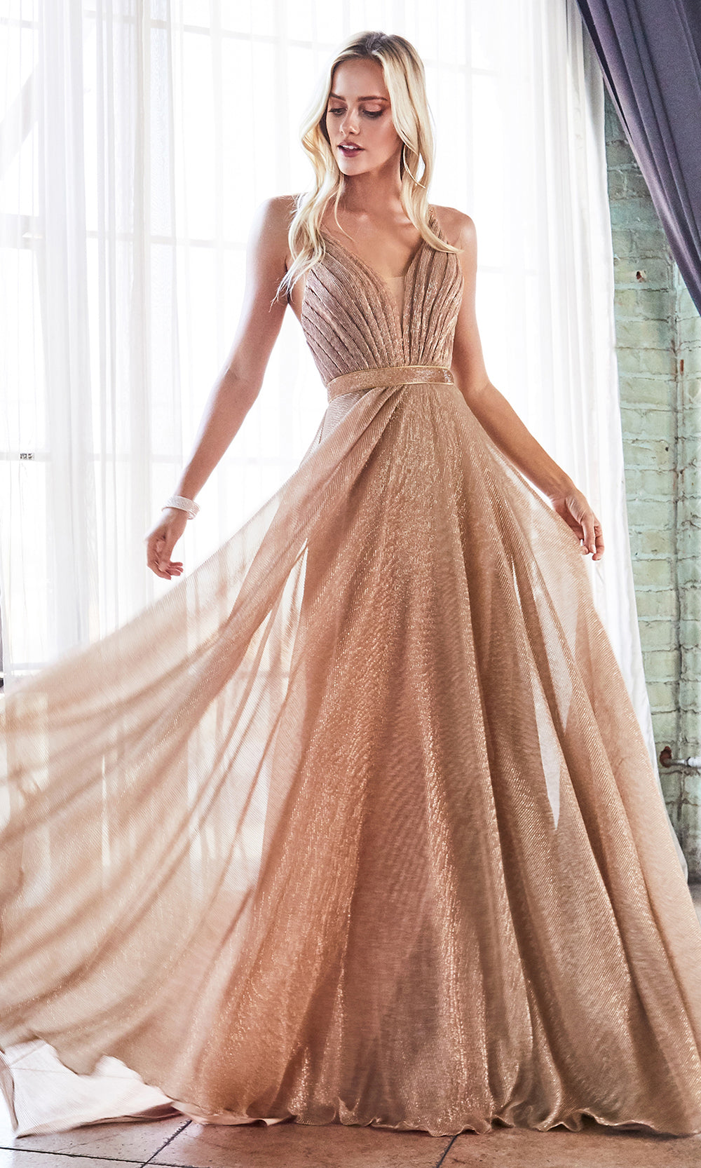 Cinderella Divine CW167 long rose gold flowy metallic dress