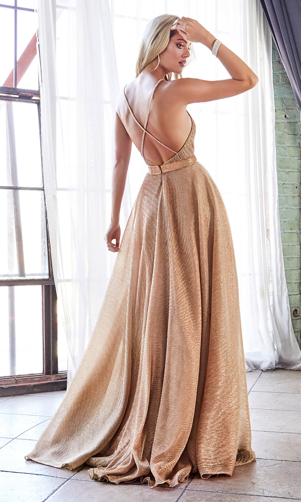 Cinderella Divine CW167 long rose gold flowy metallic dress with low back