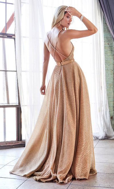 Cinderella Divine CW167 long rose gold flowy metallic dress with low back