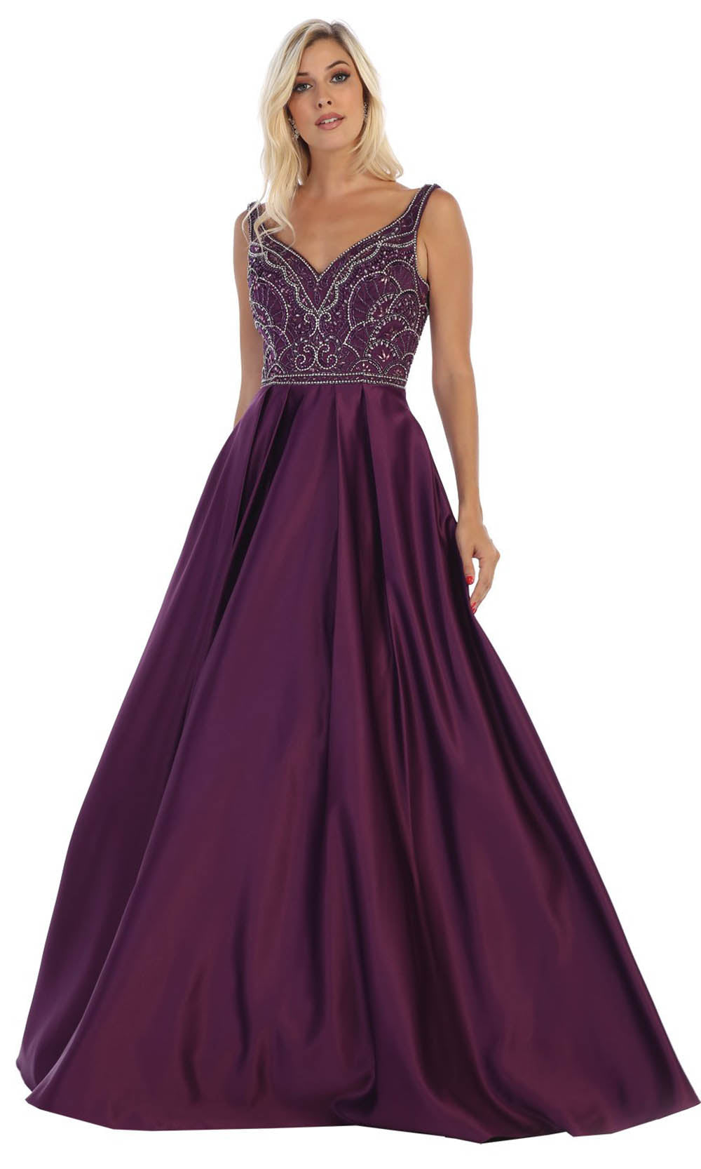 May Queen - MQ1632 Beaded V-Neck A-Line Gown In Purple