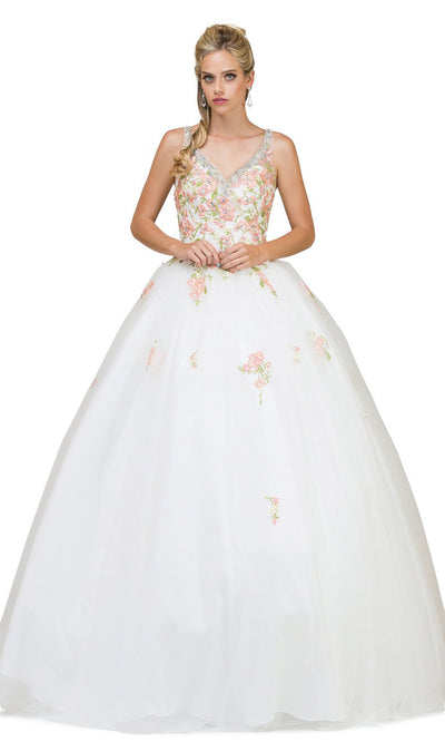 Dancing Queen - 1187 Floral Embroidered Ballgown In White & Ivory
